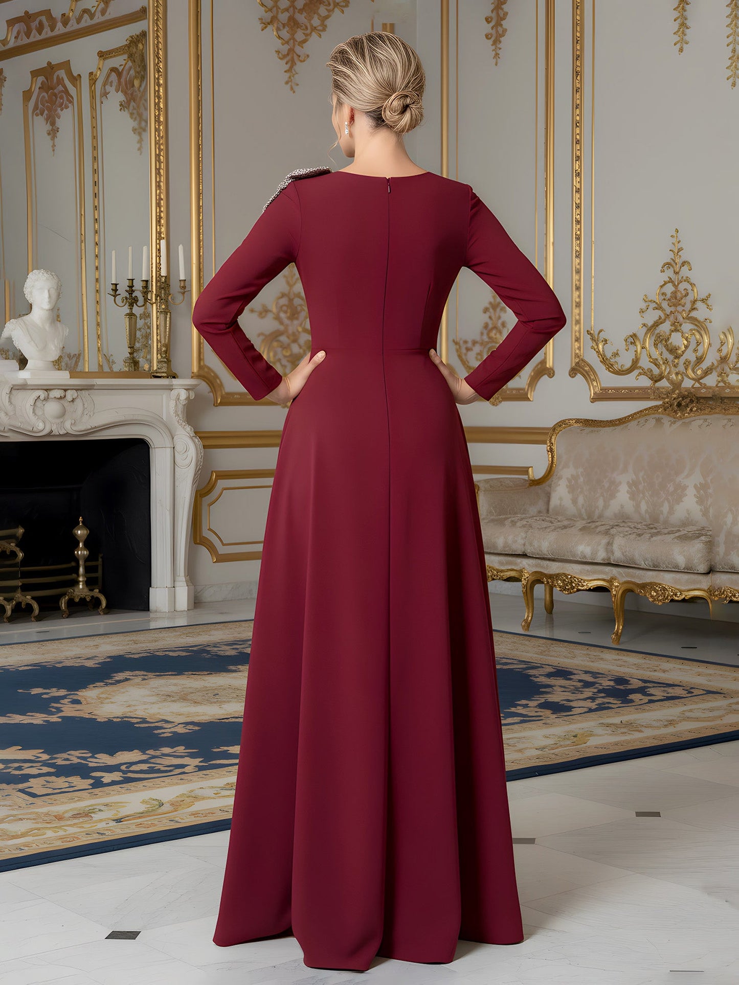 Long Sleeve A-Line Gown with Embellished Shoulder Bow Burgundy