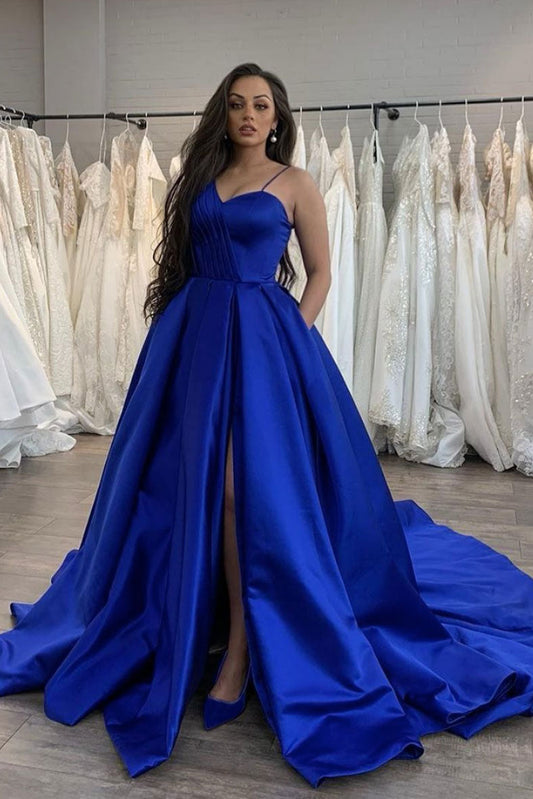 Simple blue satin long prom dress blue evening dress
