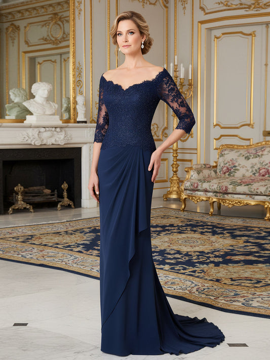 Off-Shoulder Lace Bodice Gown with Draped Crepe Skirt Navy Blue