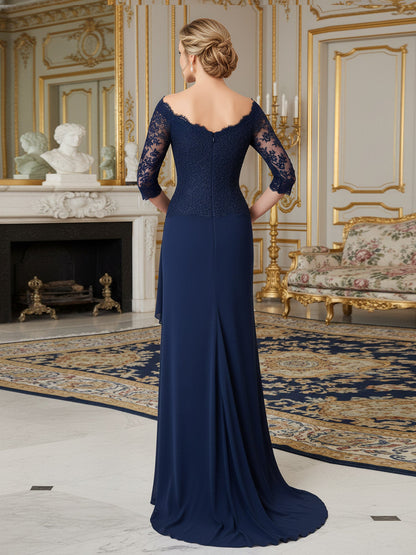 Off-Shoulder Lace Bodice Gown with Draped Crepe Skirt Navy Blue