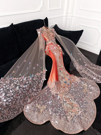 Gorgeous Shiny Beaded Exquisite Embroidery 3D Butterflies Mermaid Floor-length Evening Dress Prom Dresses HZ1024