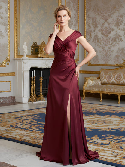 Cap Sleeve Column Gown with Draped V-Neck and Thigh Slit Burgundy
