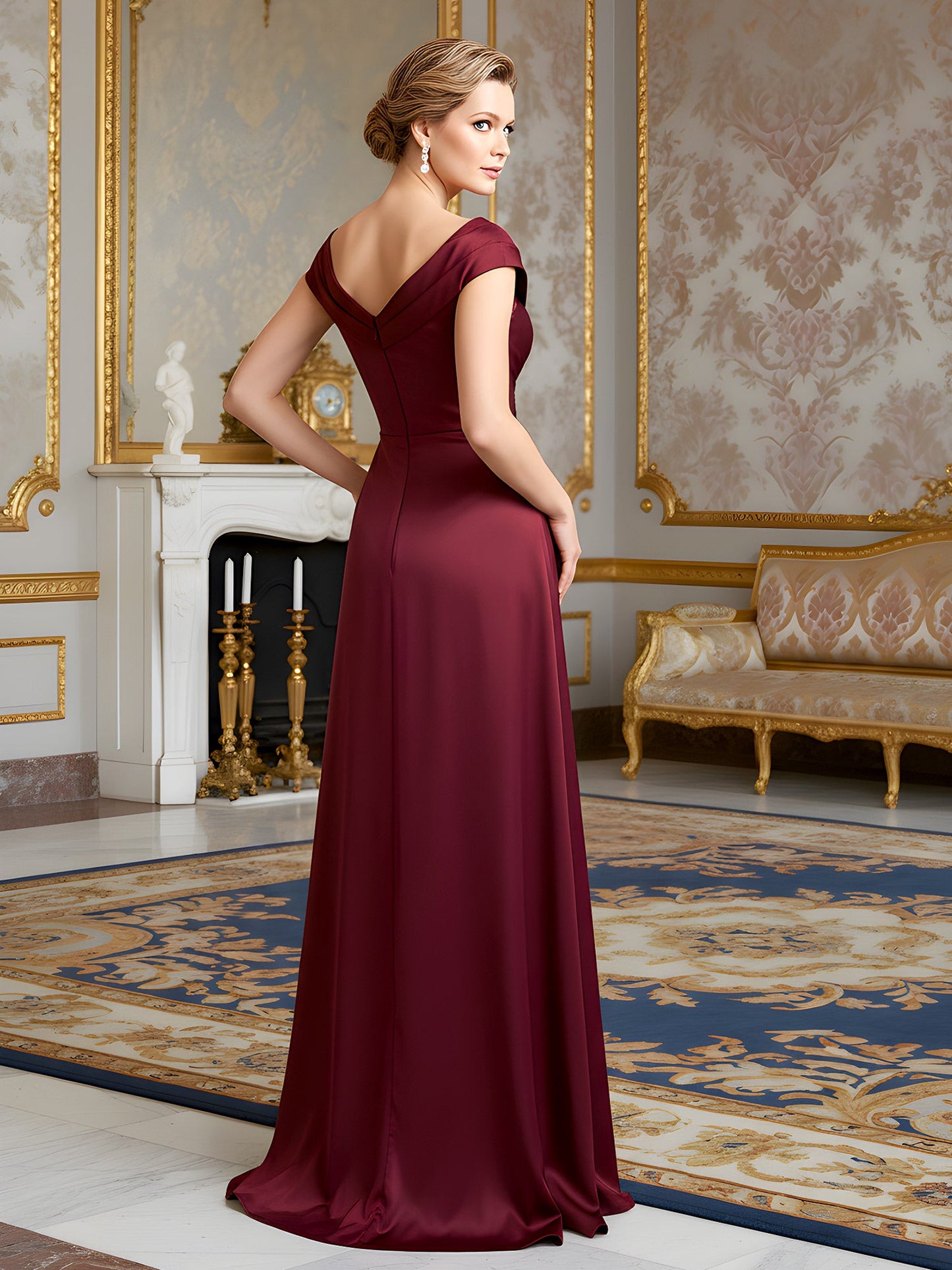 Cap Sleeve Column Gown with Draped V-Neck and Thigh Slit Burgundy
