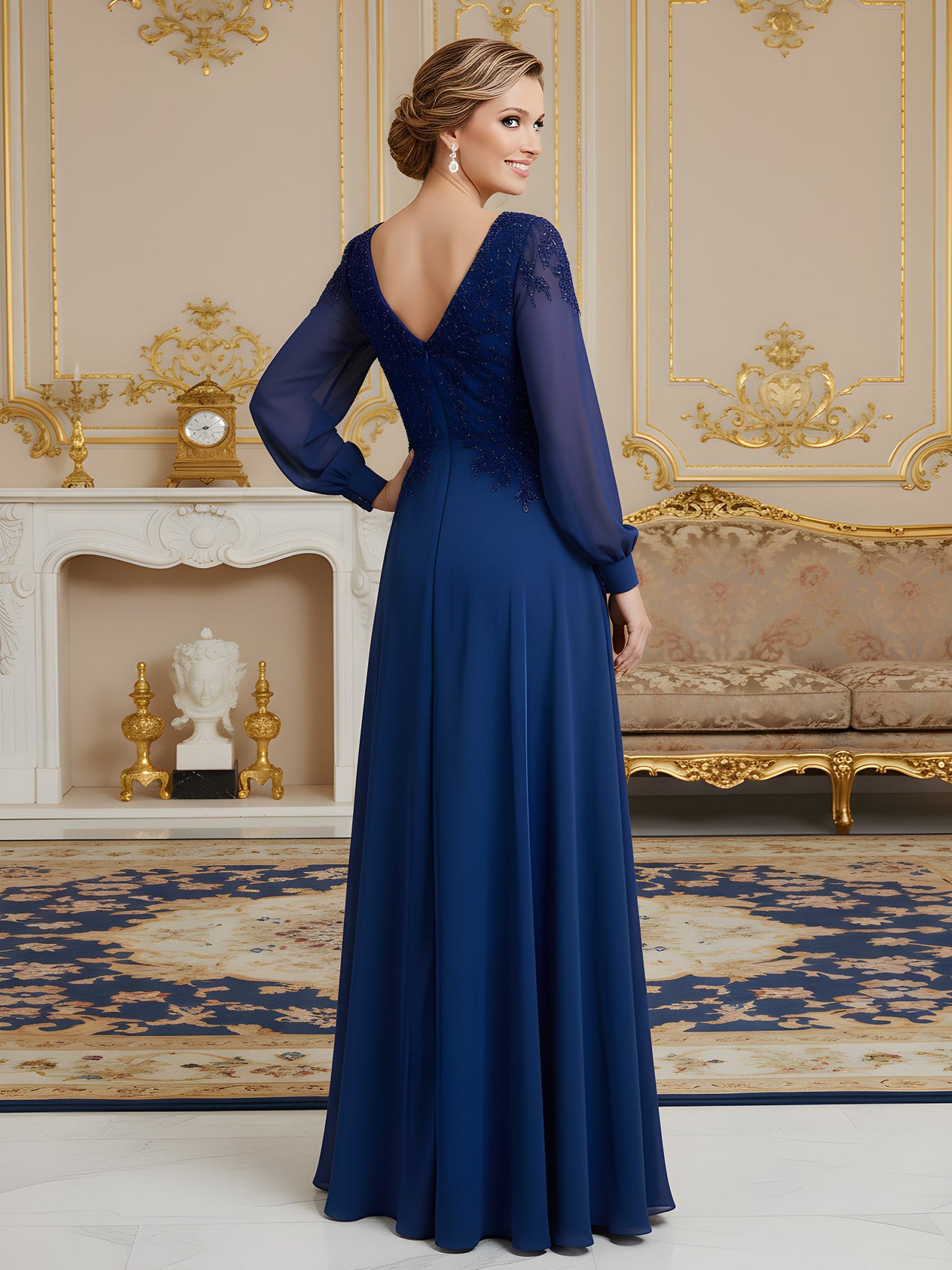 Long Sleeve Chiffon A-Line Gown with Beaded Illusion Bodice Dark Navy