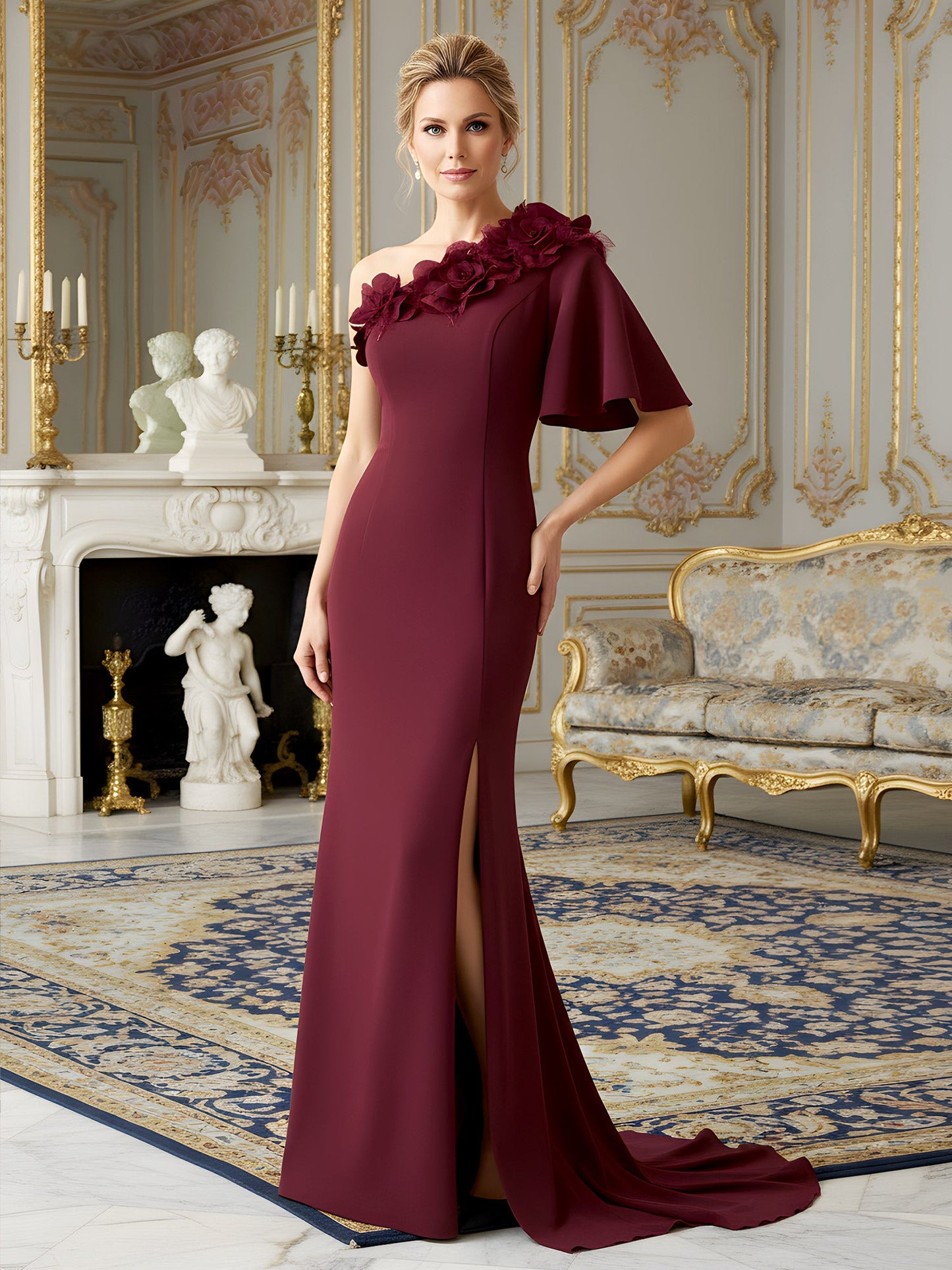 Crepe Fabric Evening Dress featuring Flounced Sleeve Burgundy