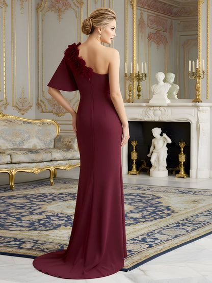 Crepe Fabric Evening Dress featuring Flounced Sleeve Burgundy