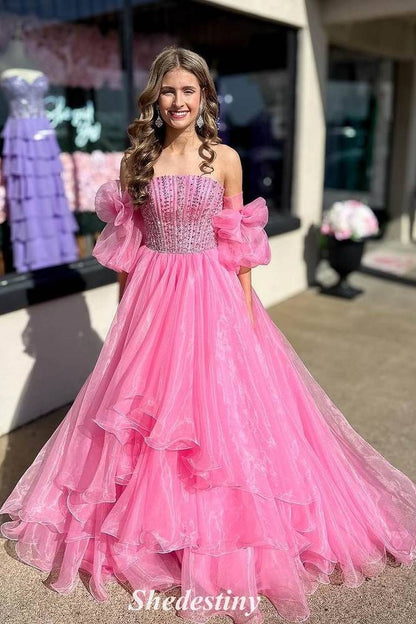 Rhinestone Strapless Hot Pink A-Line Prom Dress with Detachable Sleeves