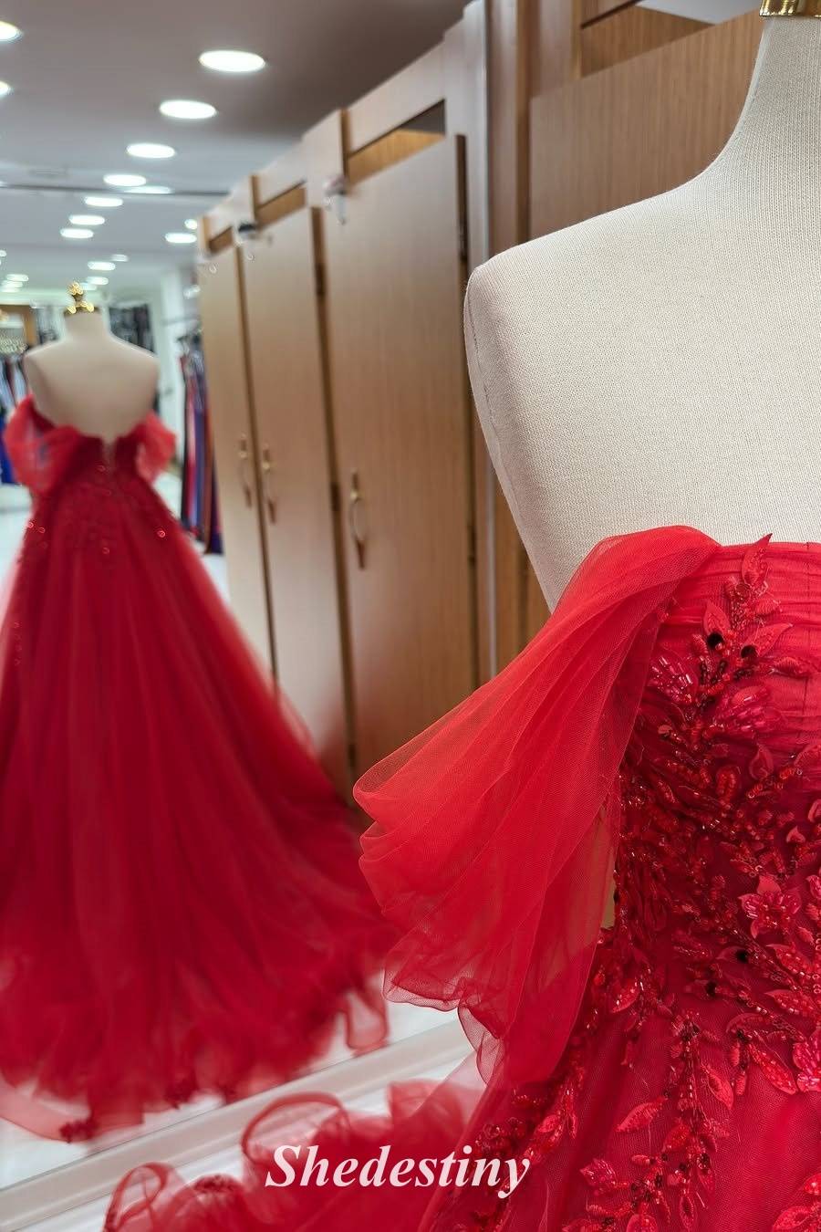 A-Line Red Beaded Off the Shoulder Applique Tulle Prom Dress