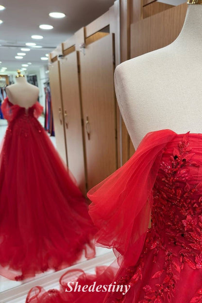 A-Line Red Beaded Off the Shoulder Applique Tulle Prom Dress
