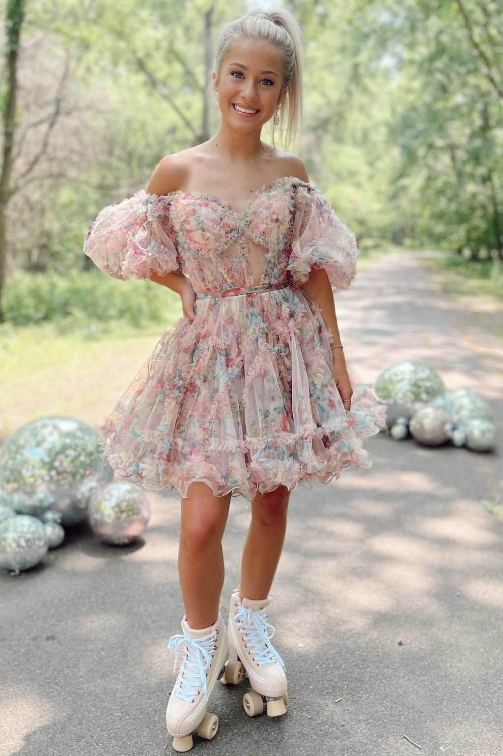 Fuchsia Print Puff Sleeve Ruffle Short Homecoming Dress