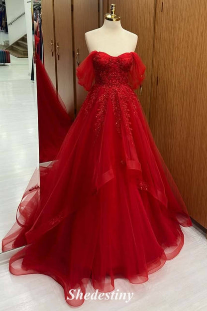 A-Line Red Beaded Off the Shoulder Applique Tulle Prom Dress