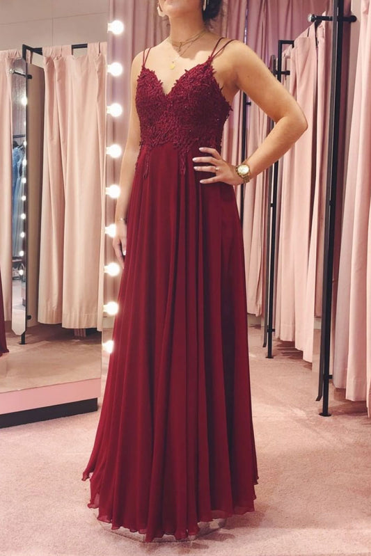Burgundy v neck chiffon lace long prom dress burgundy formal dress
