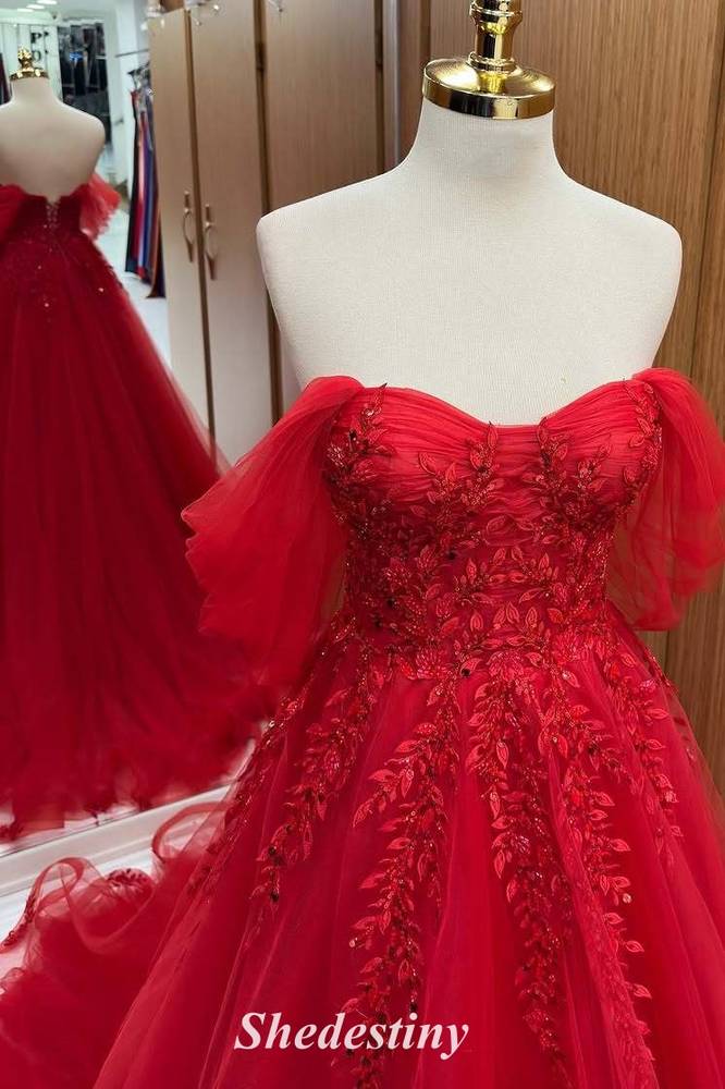 A-Line Red Beaded Off the Shoulder Applique Tulle Prom Dress