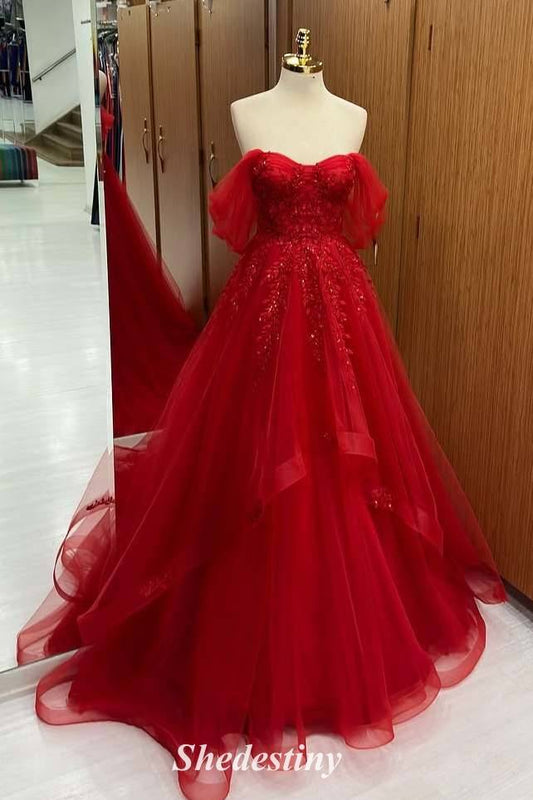 A-Line Red Beaded Off the Shoulder Applique Tulle Prom Dress