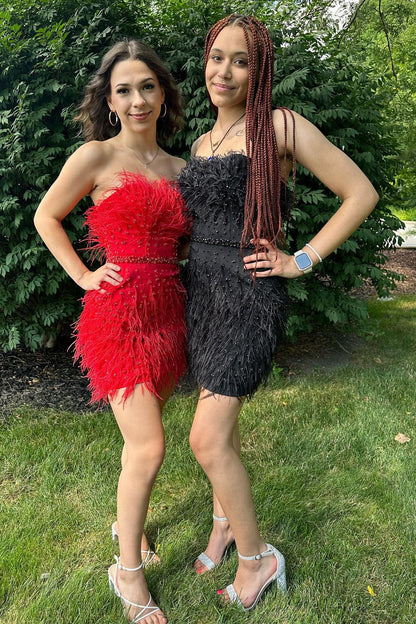 Cobalt Blue Feathers Strapless Short Cocktail Dress