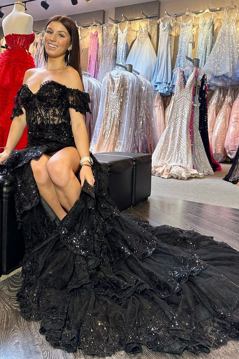 Red Sequin-Embroidery Off-the-Shoulder Tiered Long Prom Dress with Slit