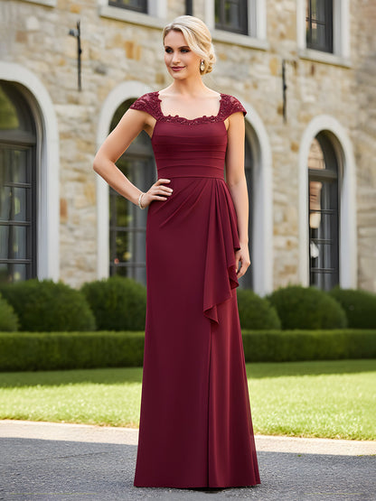 Pleated Lace Cap Sleeves Ruffles Sheath Dress Burgundy