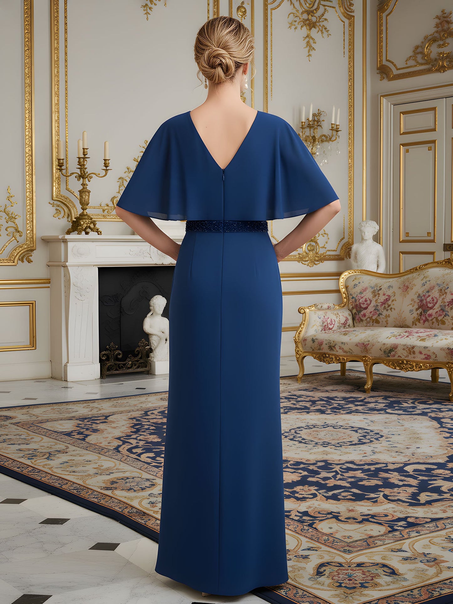 V-Neck Column Gown with Capelet Sleeves and Beaded Waist Dark Navy