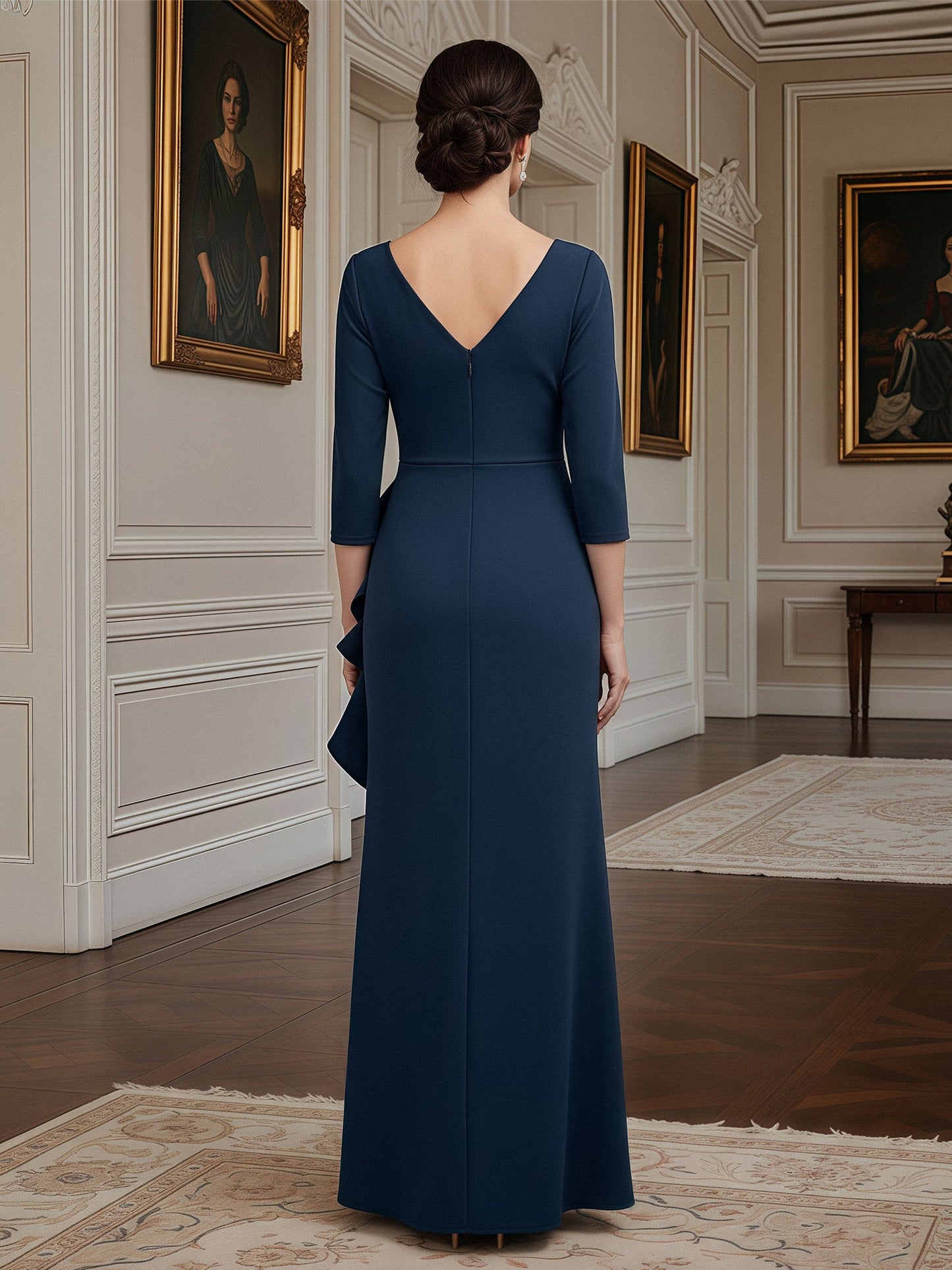 Three-Quarter Sleeve Column Gown with Draped V-Neck Dark Navy