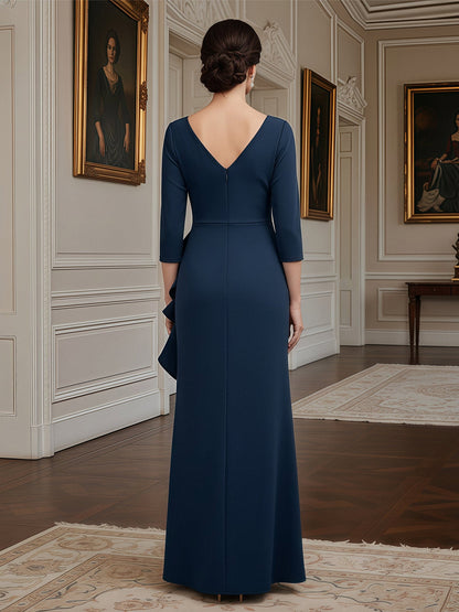 Three-Quarter Sleeve Column Gown with Draped V-Neck Dark Navy