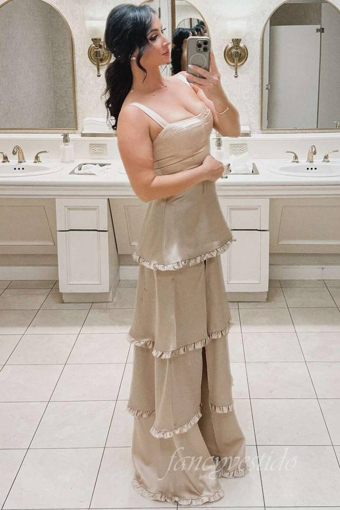 Orange Square Neck Ruffle Satin Prom Dress with Slit