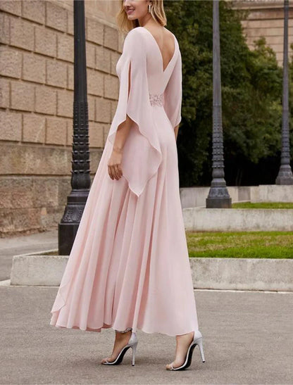 Aimishang A-Line Mother of the Bride Dress Formal Wedding Guest Elegant Bateau Neck Ankle Length Chiffon 3/4 Length Sleeve with Beading Sequin
