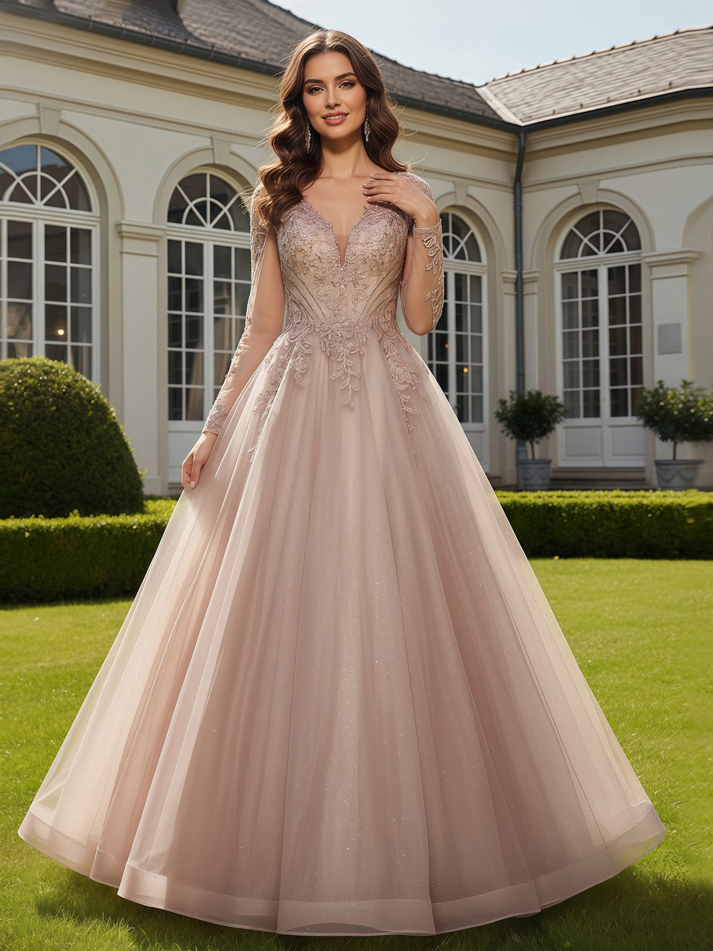 Long Sleeve Tulle Plunging V-Neck Appliqued Prom Dress Dusty Rose