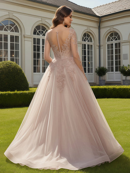 Long Sleeve Tulle Plunging V-Neck Appliqued Prom Dress Dusty Rose