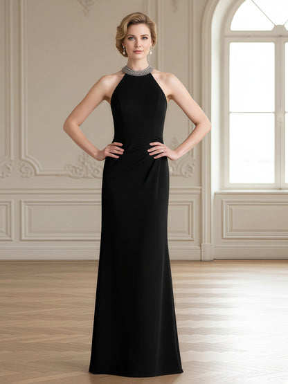 Jewel Neck Column Gown with Beaded Halter Collar Black