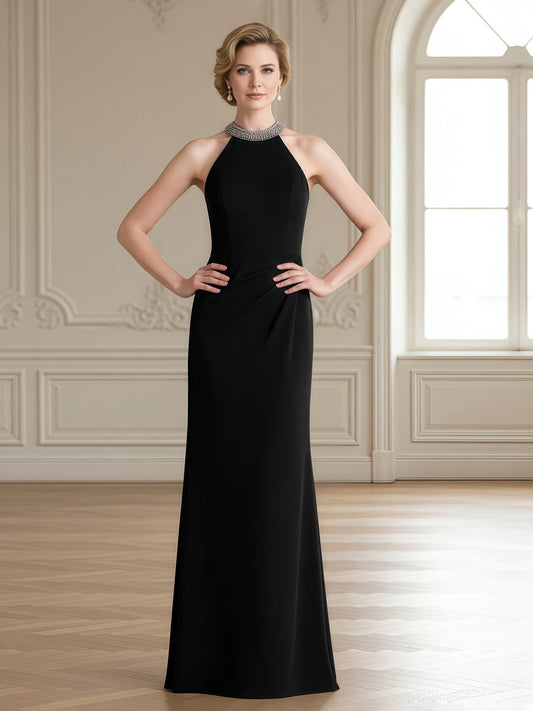 Jewel Neck Column Gown with Beaded Halter Collar Black