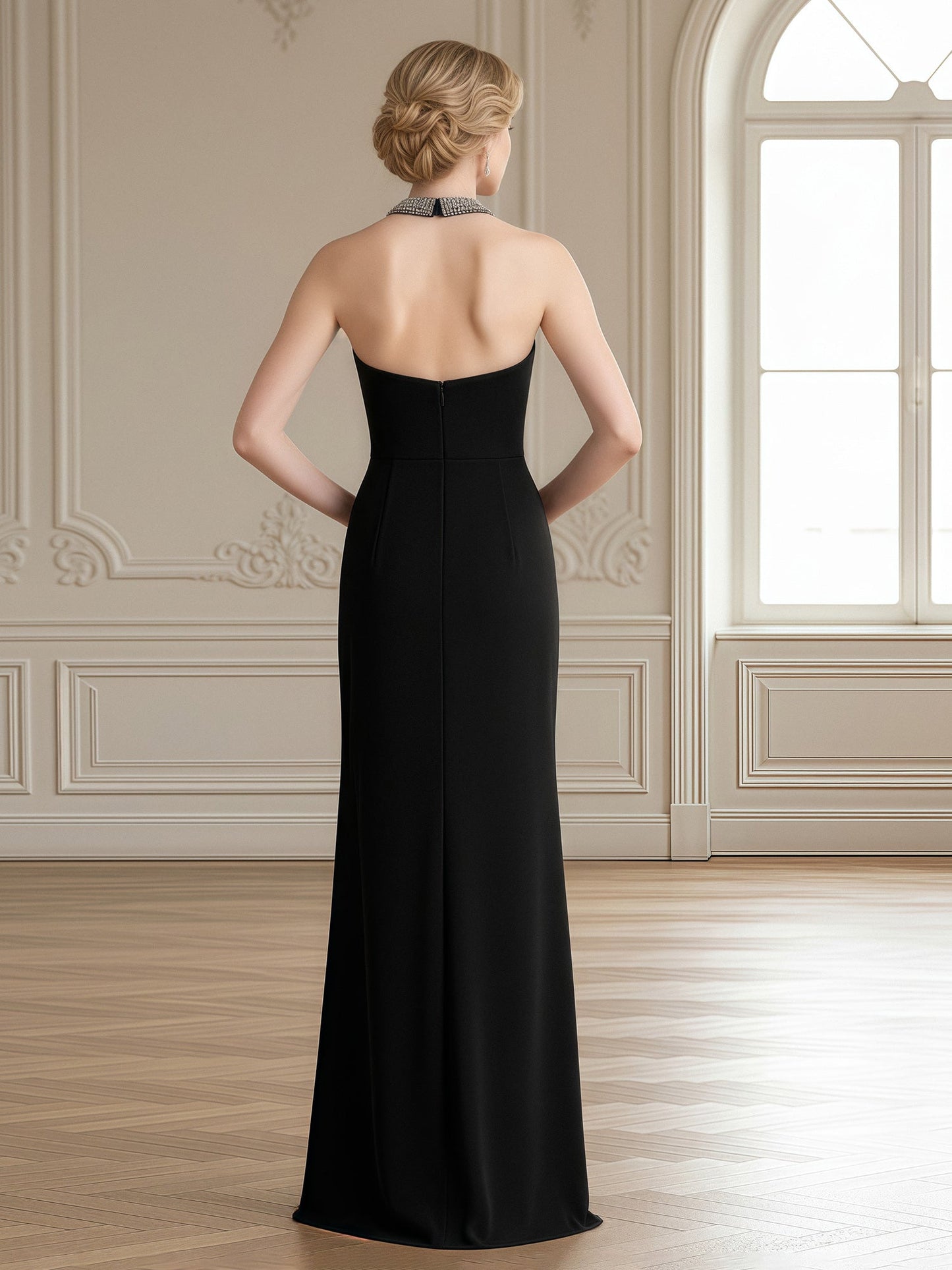 Jewel Neck Column Gown with Beaded Halter Collar Black