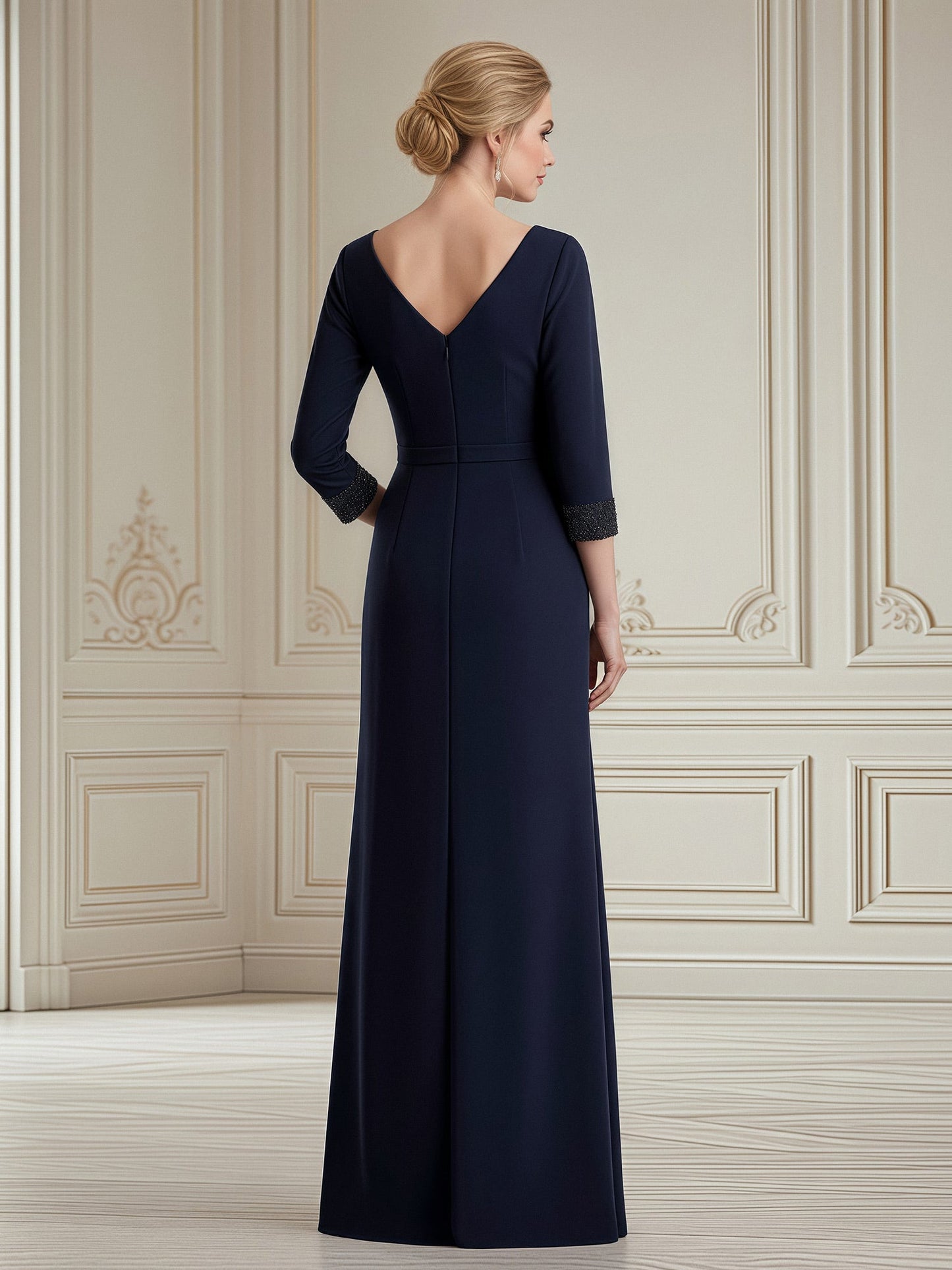 Fitted Formal Wear with Beaded Cuff Accent Dark Navy