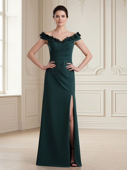 Off-Shoulder Column Gown with Draped Bodice Dark Green