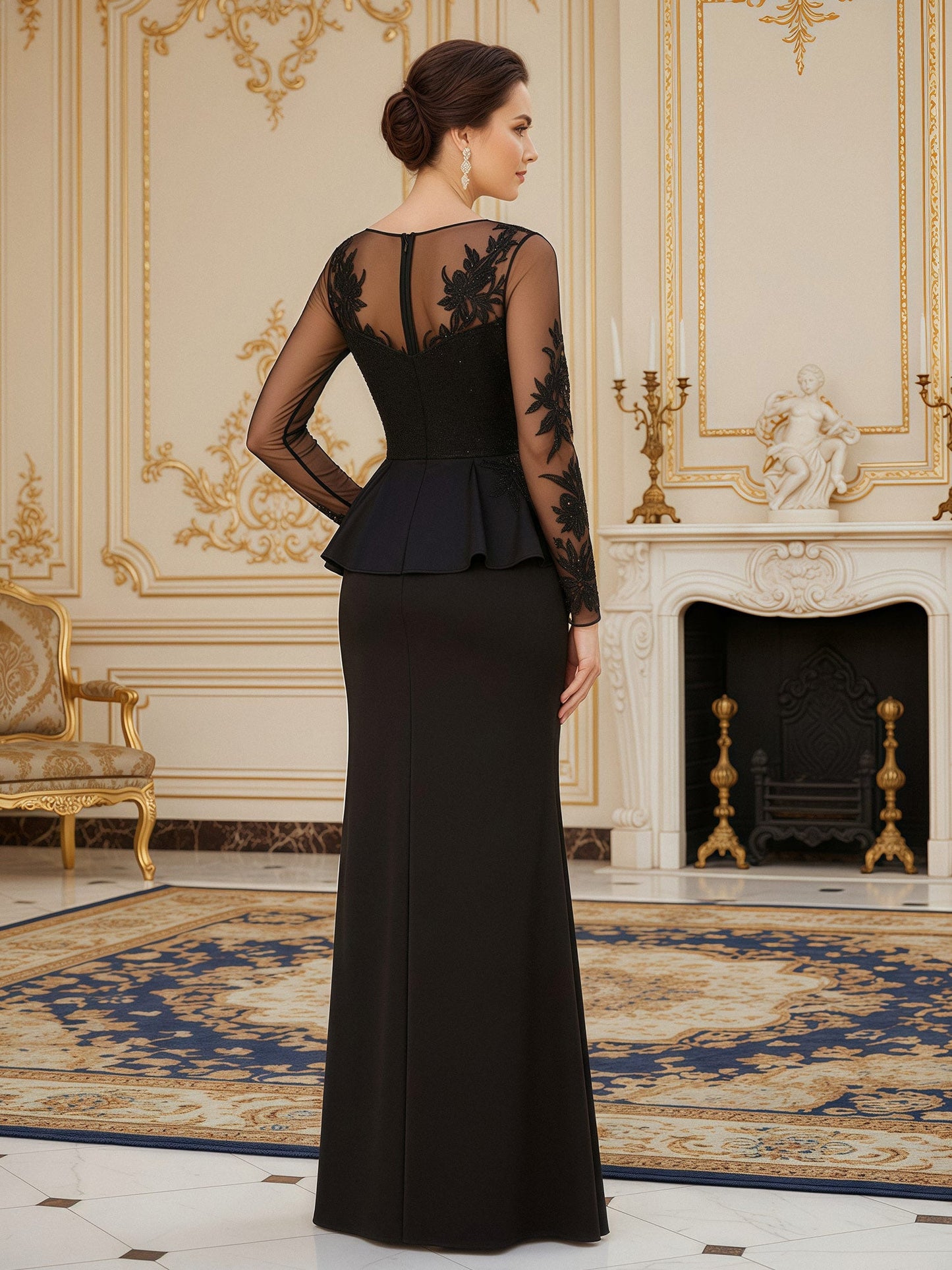 Sheer Long Sleeve Gown with Embroidered Peplum Wais Black