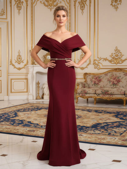 Elegant Fitted Maxi Dress with Rhinestone Waist Detail Burgundy