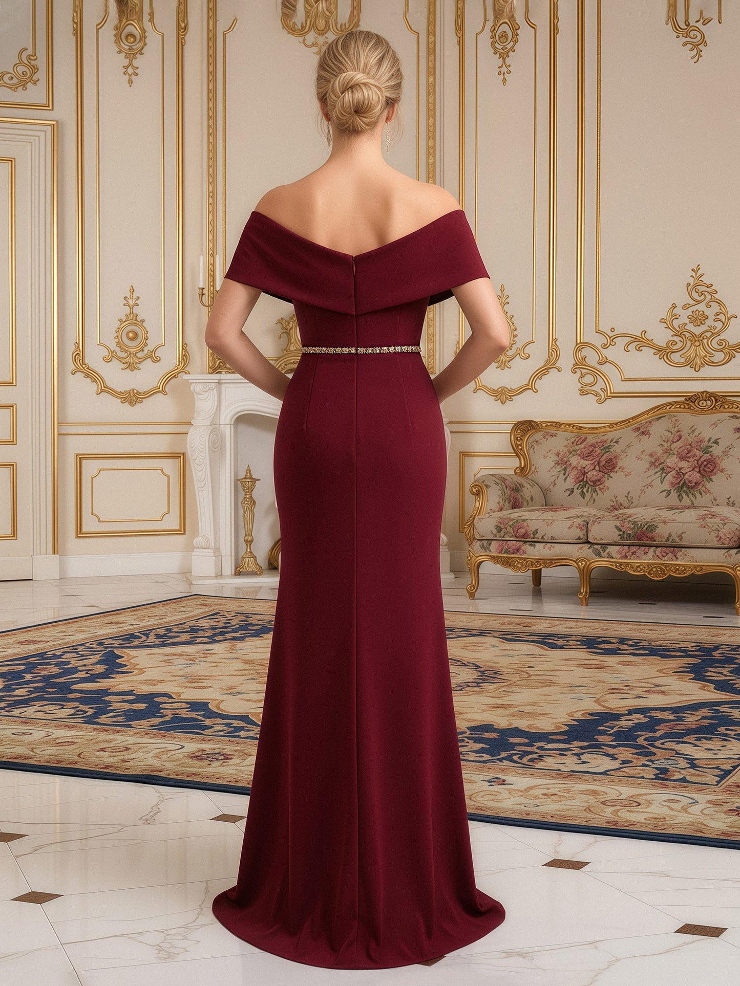 Elegant Fitted Maxi Dress with Rhinestone Waist Detail Burgundy