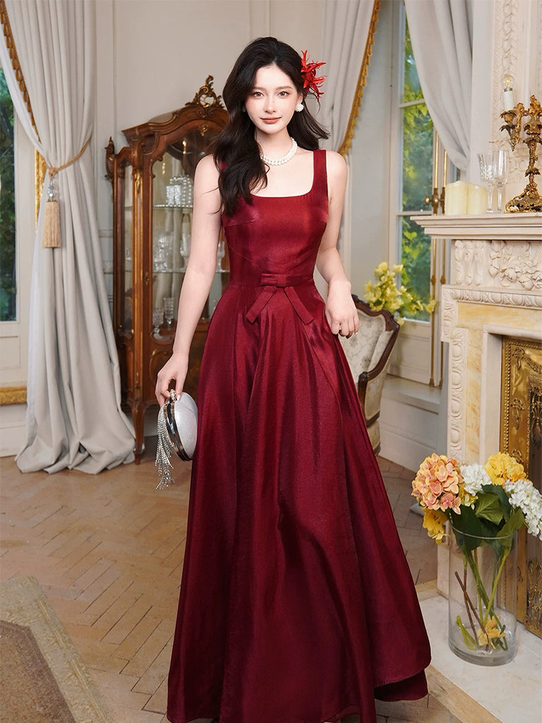 A-Line Satin Burgundy Long Prom Dress, Burgundy Long Evening Dress