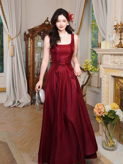 A-Line Satin Burgundy Long Prom Dress, Burgundy Long Evening Dress