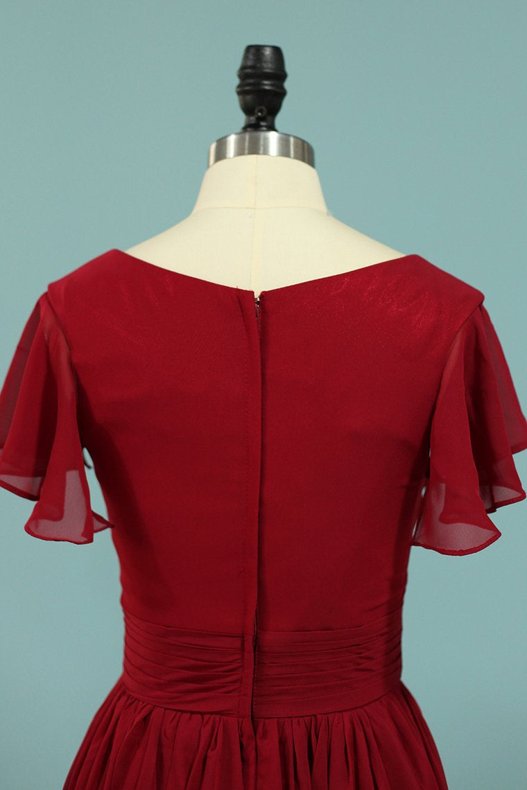 Red V-Neck Ruffled A-Line Long Bridesmaid Dress