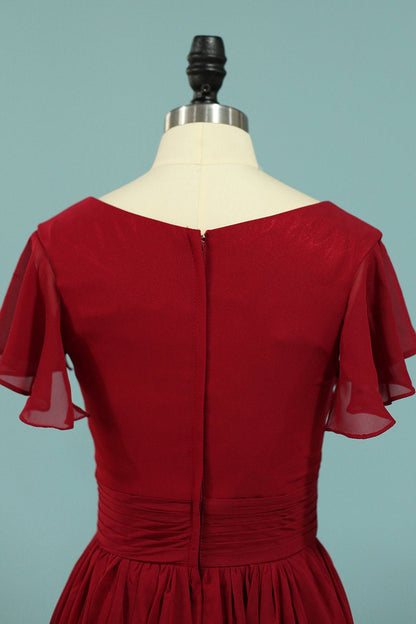 Red V-Neck Ruffled A-Line Long Bridesmaid Dress