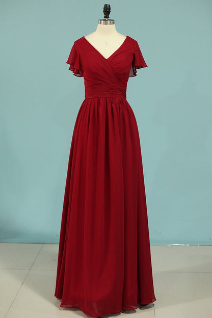 Red V-Neck Ruffled A-Line Long Bridesmaid Dress