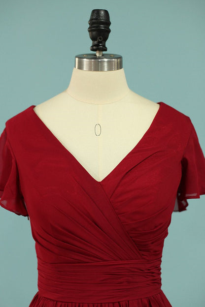 Red V-Neck Ruffled A-Line Long Bridesmaid Dress