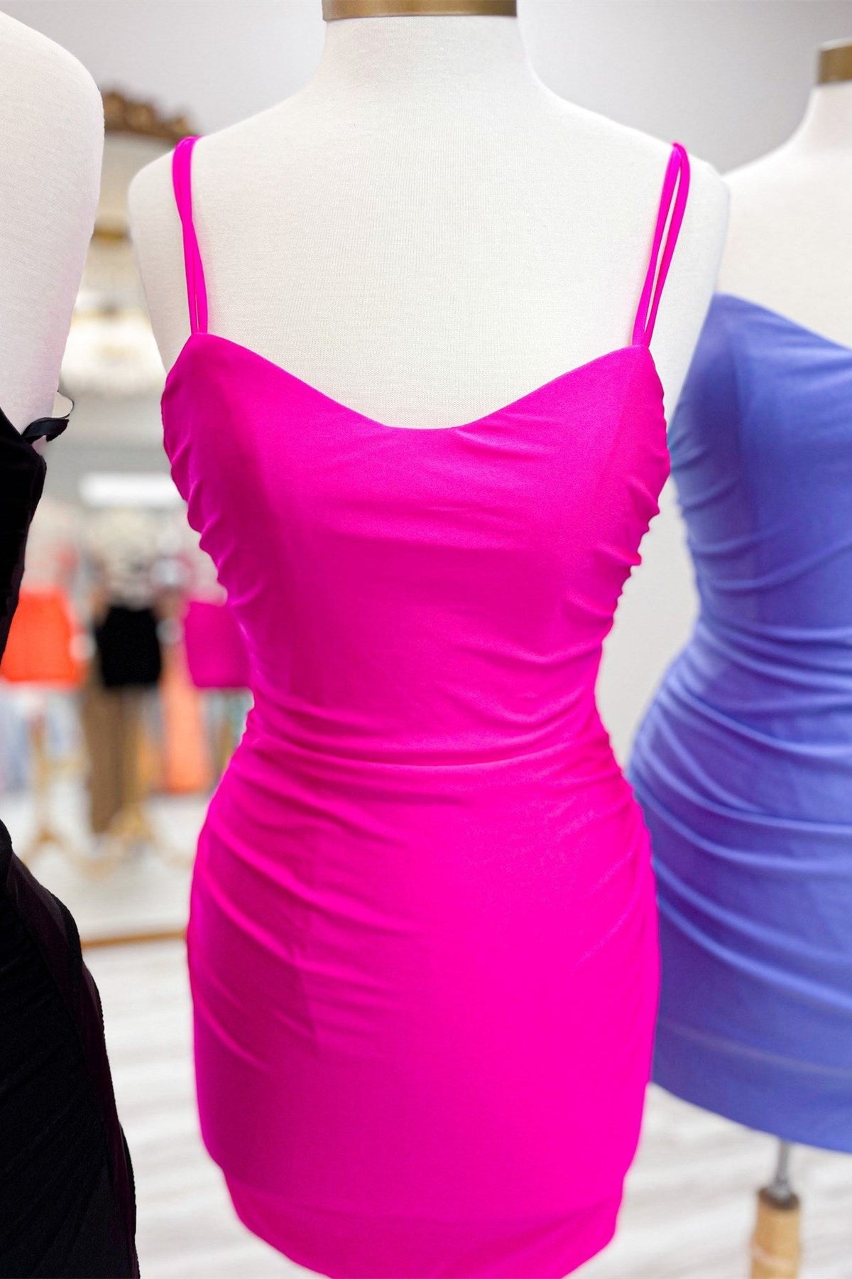 Hot Pink V-Neck Lace-Up Bodycon Mini Party Dress