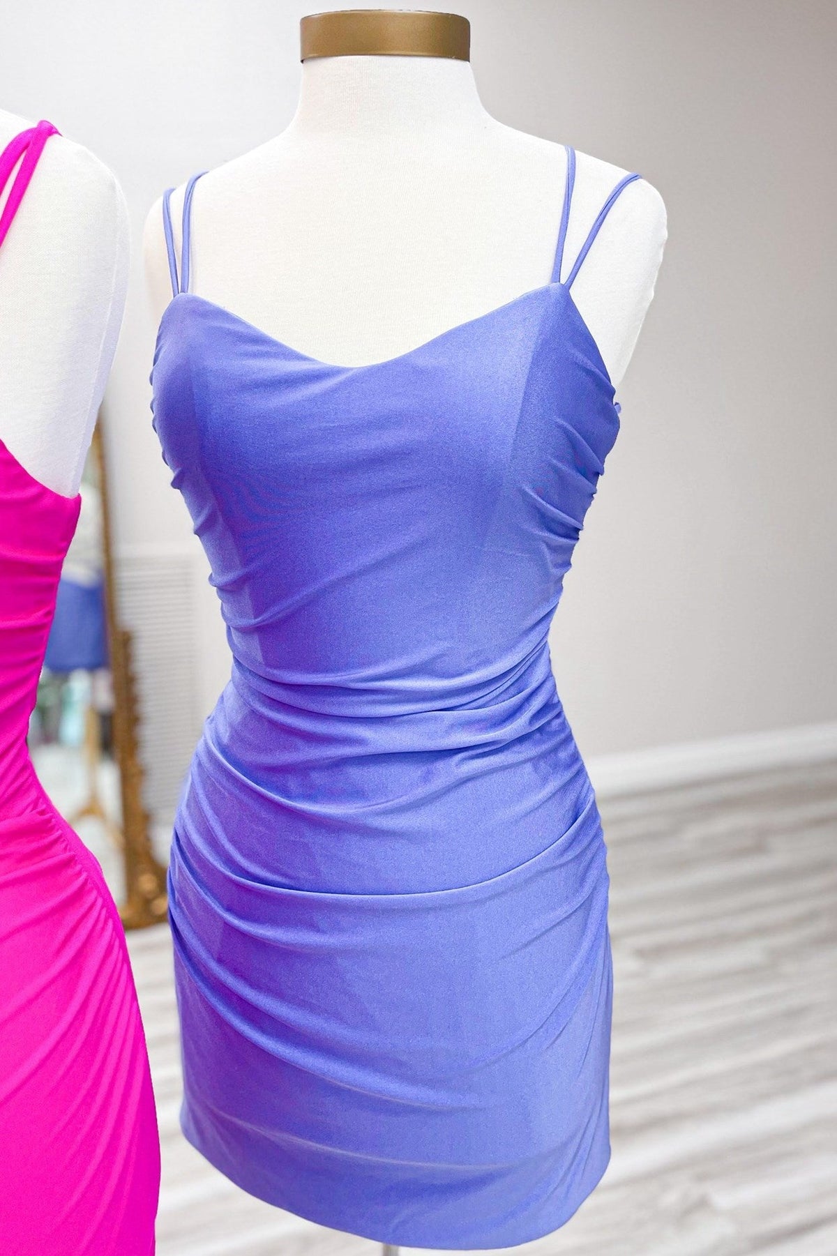 Hot Pink V-Neck Lace-Up Bodycon Mini Party Dress