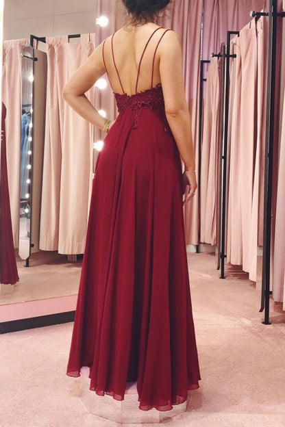 Burgundy v neck chiffon lace long prom dress burgundy formal dress