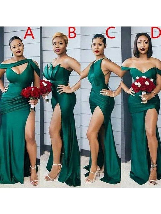 Sheath/Column Off-the-Shoulder Elastic Woven Satin Ruched Sleeveless Sweep/Brush Train Bridesmaid Dresses - RongMoon