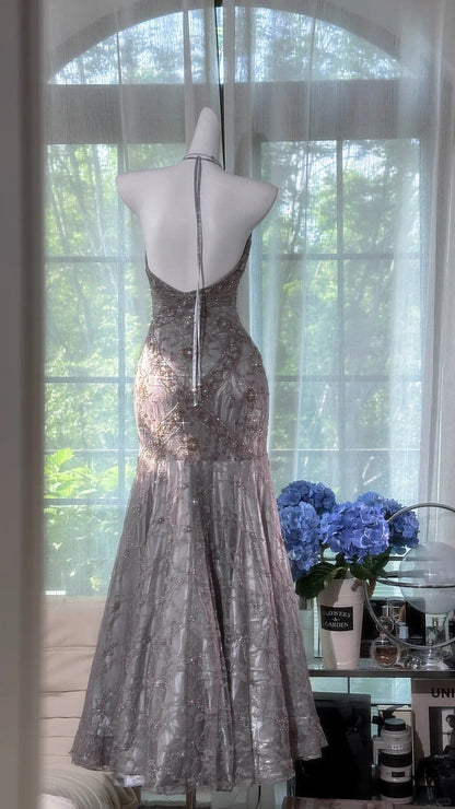 Vintage Silver-grey Mermaid  Backless Beaded Lace Long Prom Dress Evening Dress cc5277