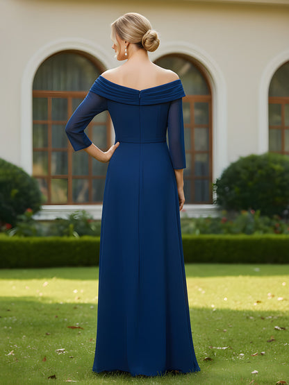 V-neck 3/4 Sleeves Pleated Chiffon Long Dress Navy Blue