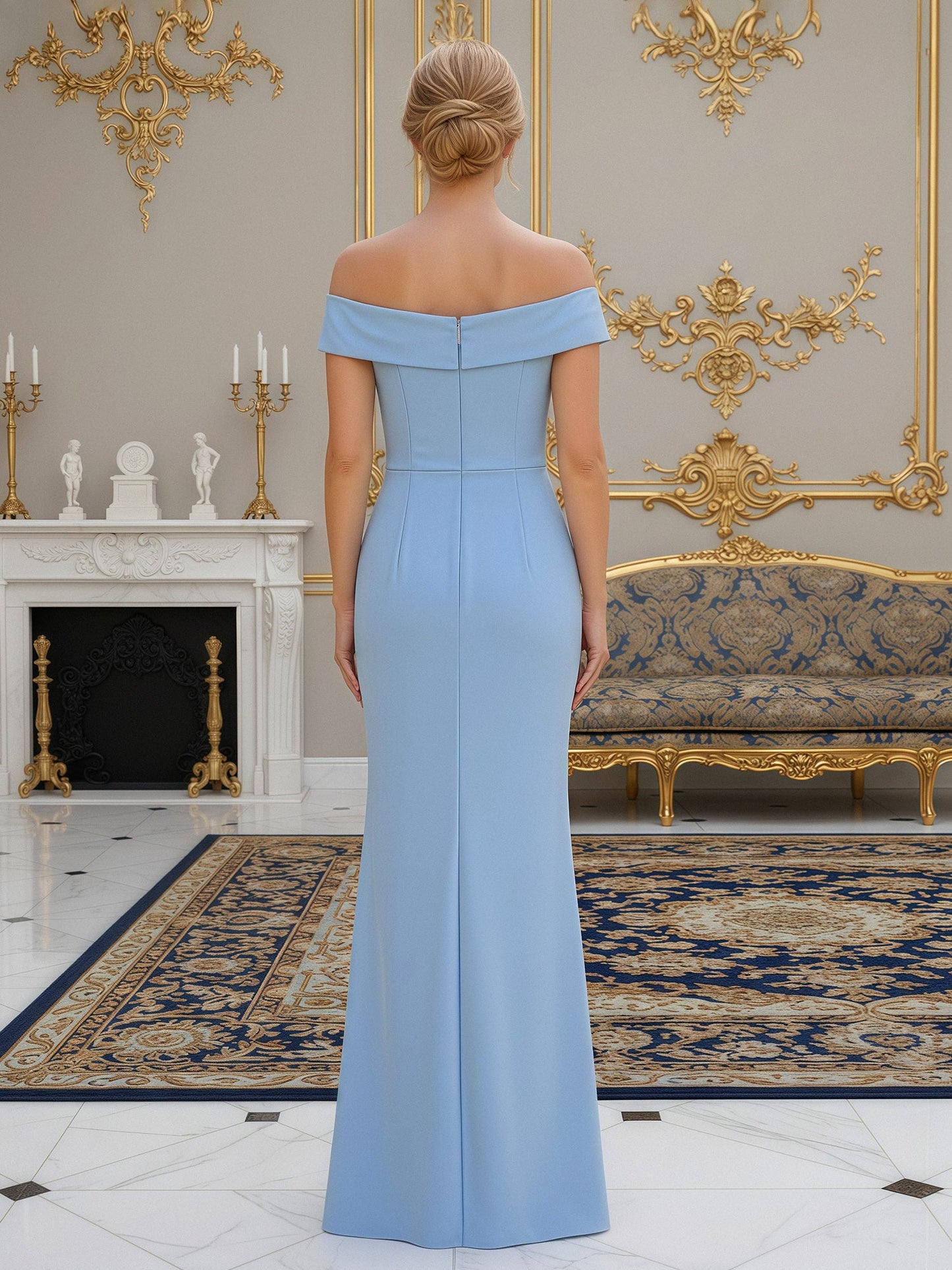 Off-the-Shoulder Sheath Gown with Crystal Embellishment Dusty Blue