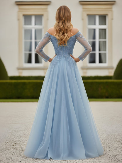 A-Line Appliqued Off-the-shoulder Tulle Dress With Slit Sky Blue
